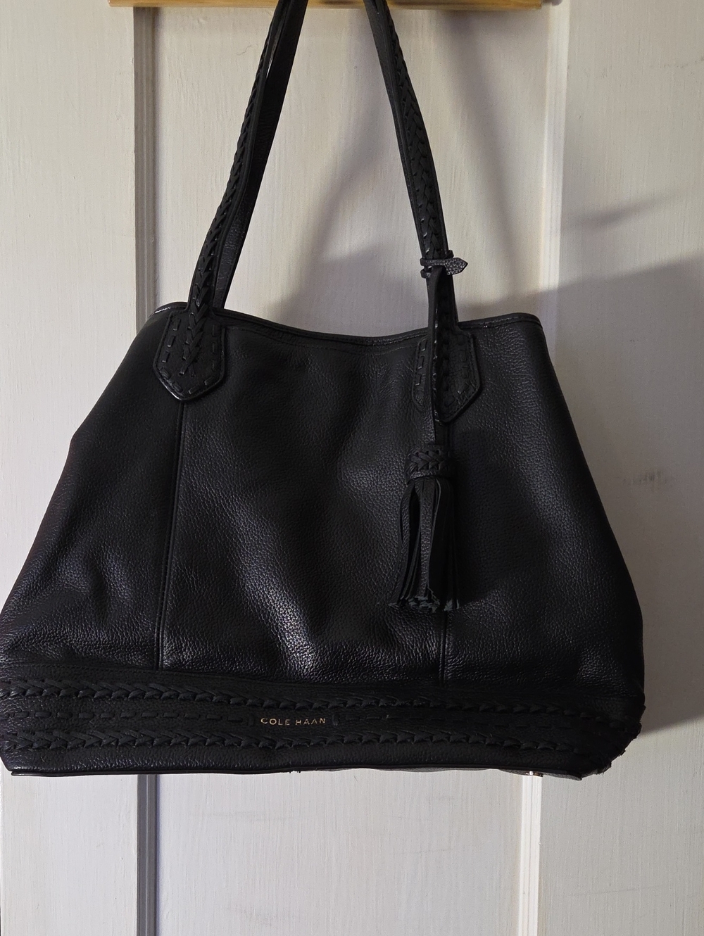 Cole Haan Black Leather Shoulder Tote with Braided Trim and Tassel
